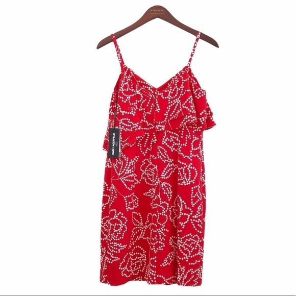 KARL LAGERFELD Paris NWT Dotted Floral Strap Dress Size 4 in Red and White - Picture 10 of 12